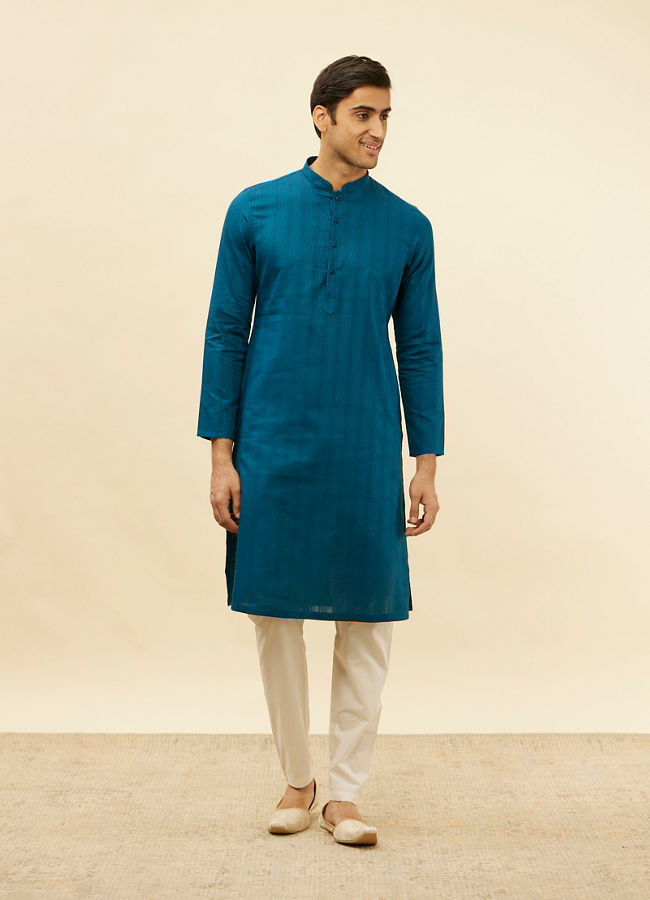 alt message - Manyavar Men Bright Blue Self Patterned Kurta Set image number 2